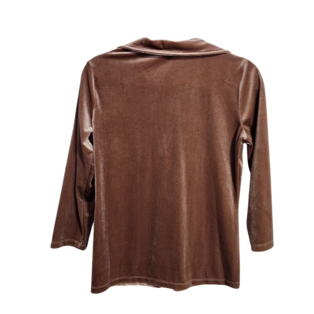BOSTON PROPER Velvet Polo Collared Knit Top V-Neck 3/4 Sleeve Blouse Brown S - Picture 2 of 6